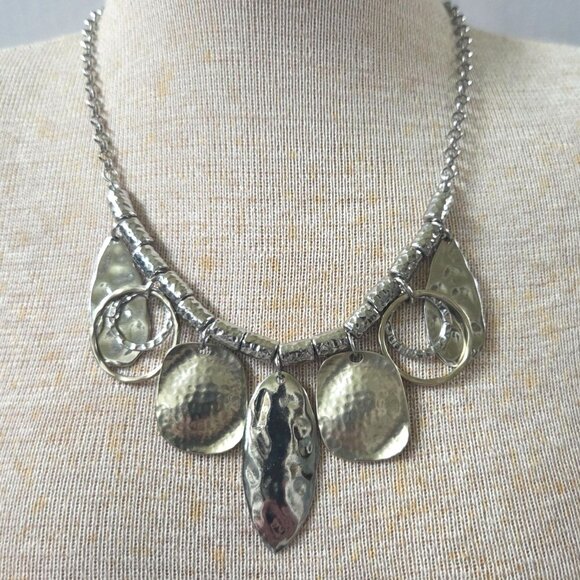 Chicos Necklace Gold & Silver Tone Disc Ring Beaded Statement 18" Boho - Picture 2 of 7